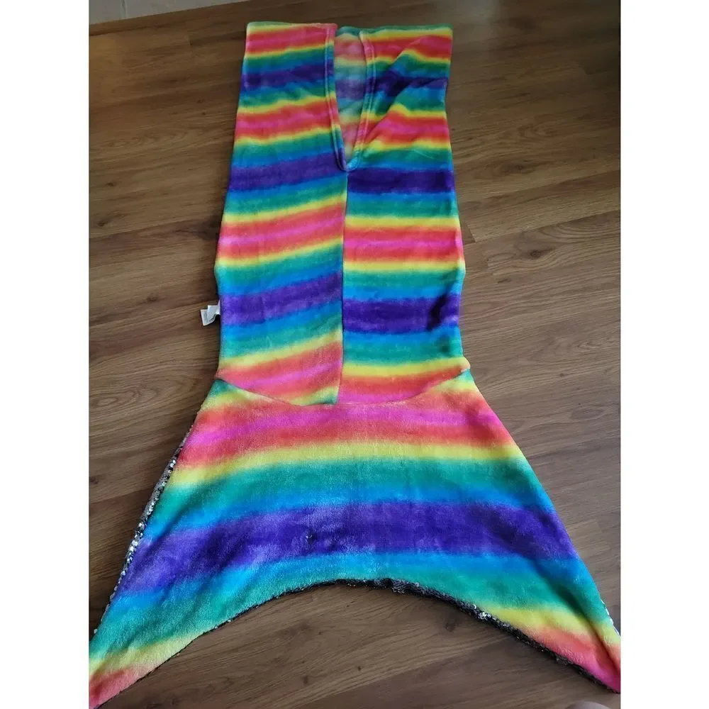 Rainbow  Mermaid Tail Blanket Silver‎ Flip Sequin Fin Fleece Sleepover Cozy